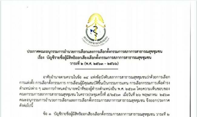 ประกาศอนุกรรมการอำนวยการเลือกและการเลือกตั้งกรรมการสภาการสาธารณสุขชุมชน เรื่อง บัญชีรายชื่อผู้มีสิทธิออกเสียงเลือกตั้งกรรมการสภาการสาธารณสุขชุมชน วาระที่ 2 (พ.ศ. 2563-2566)